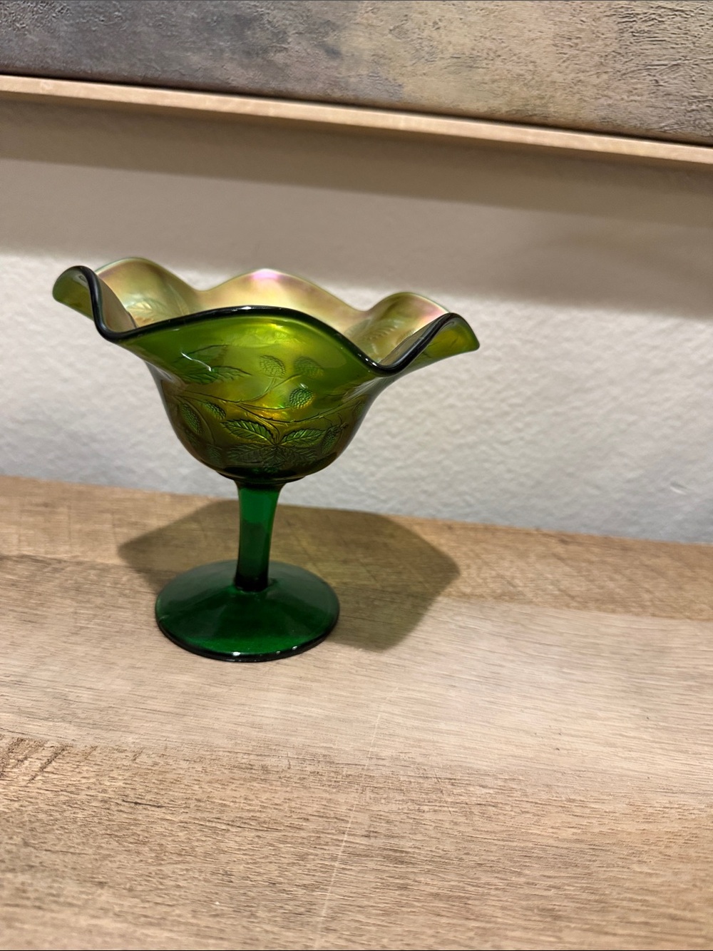 Vintage Green Iridescent Glass Compote - Decorative Home Art